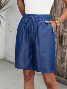Pantalones cortos tipo bermudas a rayas con bolsillos laterales, de corte amplio y cintura media, estilo básico - Azul - Ver 3