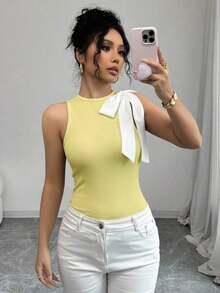 Camiseta sin mangas de mujer con contraste de color y lazo - Amarillo - Ver 7