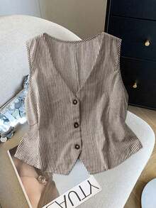 Blusa casual de mujer talla grande de cuello en V de una sola hilera con rayas y sin mangas - Marrón - Ver 3