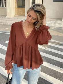de manga larga con cuello en V, unicolor, con volantes y parches de encaje para el verano - Rojo - Ver 3