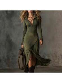 Vestido vintage con solapa y cremallera de ciervo del oeste - Verde Oliva - Ver 5