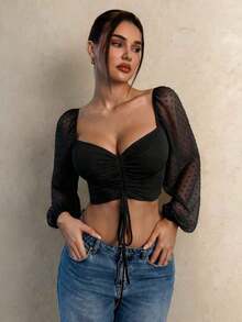 Blusa de manga farol con cuello de corazón y pliegues, corta - Negro 2 - Ver 7
