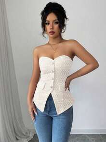 Top corto ajustado de verano para mujer con textura rosa, con detalle de botón de perla - Albaricoque - Ver 4