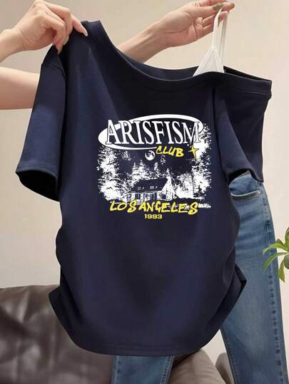 Retro Los Angeles Graphic Asymmetric Shoulder T-Shirt For Women, Navy Blue Side Drawstring Slim Fit Sexy Top, Korean Sweet & Spicy Asymmetric Asymmetrical Shoulder Short Sleeve, Forest Cabin Letter Print Side Drawstring Waist Office Wear Top Casual Vacation Summer