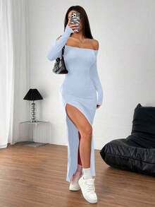 Vestido rojo sexy de hombros descubiertos con abertura lateral alta - Azul - Ver 5