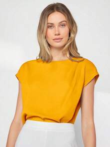 Blusa de mujer con mangas de murciélago asimétricas, de unicolor, estilo básico urbano de viaje, moda elegante y sencilla para negocios casuales, adecuada para maestras y uso en la oficina - Amarillo - Ver 4
