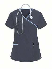 Conjunto de uniforme de pijama de unicolor con parches, cuello en V y manga corta - Gris - Ver 3