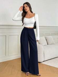 Tall Pantalones anchos de cintura alta de unicolor y versátiles, pantalones de cintura alta de estilo casual de otoño e invierno, pantalones negros de mujer, pantalones negros de vestir de pierna ancha, pantalones negros casuales, pantalones de esti - Azul marino - Ver 7