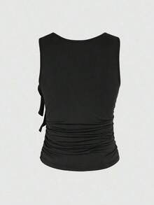 Blusa sin mangas de cuello redondo de unicolor con nudo delantero, estilo minimalista y casual para mujer - Multicolor 2 - Ver 2