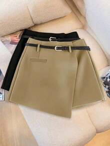 Pantalones con falda asimétrica de moda casual para ir al trabajo, pantalones cortos multifuncionales para mujer sin cinturón, pantalones con falda asimétrica a juego sin cinturón, falda asimétrica, falda con dobladillo asimétrico, falda pantalón - Marrón - Ver 3