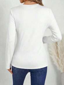 Camiseta de manga larga de algodón con cuello en V casual y sencilla, adecuada para otoño/invierno, top de manga larga blanco con cuello en V, tops básicos de mujer de manga larga, tops de mujer de manga larga casual de verano - Blanco - Ver 2
