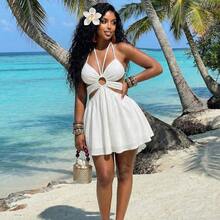Summer Fashion Basics, Versatile, Casual And Elegant, Suitable For Vacations, Travel, Beaches, Seaside, Pools, Yachts, Sunbathing, Cute And Sweet, Casual And Elegant, Halter Neck Lace Patchwork Hollow-Out A-Line Umbrella Skirt White Crepe Women's Short Dress - Z,Summer Dresses For Women - Verde - Ver 5