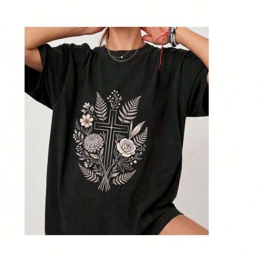 Camiseta con Estampado Floral de Cruz, Camiseta Gráfica Boho Faith, Ropa Espiritual (Camiseta/Sudadera) - Negro - Ver 1