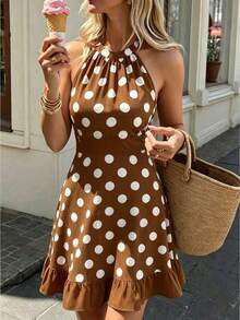 Vestido mini casual de fiesta con pliegues y lunares para mujer - Rojo - Ver 9