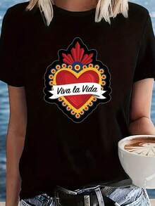 "Mexico Sacred Heart II Viva Frida Spain Date" Short Sleeve Casual T-Shirt Designed By Akbally For Women, Printed, Summer Primer, Black Elastic Crew Neck, Sizes 0XL-4XL.Jpg, Good Gift For Halloween - 黑色 - 查看 1