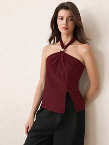 Top con cuello de halter, diseño de botón de metal verde, abertura lateral, elegante y chic para uso urbano y diario, estilo romántico retro de los 90.Adecuado para Navidad, Año Nuevo, San Valentín, fiestas, playa, graduación, moda, carnaval, bod - Burdeos - Ver 4