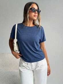 Camiseta gris de verano casual para mujer con escote trasero y nudo trenzado - Azul marino - Ver 3