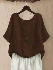 CURVE Blusa casual/diaria/de salida/simple/para viajar de manera relajada/que ilumina, de cuello redondo, de color verde pradera texturizada, talla grande, para primavera/verano - Café integral - Ver 6