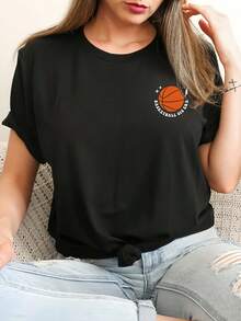 Women's Basketball Jersey With Letter Print - Short Sleeve, Crew Neck, Spring-Summer Graphic Top, Casual Sportswear For Sports And Daily Outfits, Machine Washable, Non-Stretch Fabric (Medium Elasticity) - 黑色 - 查看 6