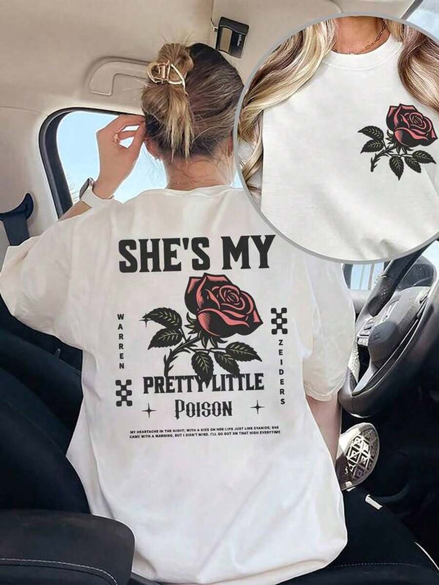 Camiseta gótica INS en blanco y negro para mujer, elegante, holgada, con cuello redondo, estampada, de manga corta, la prenda favorita de las bloggers. Combínala con shorts de mezclilla para un estilo casual. - Blanco - Ver 1