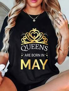 Women's Birthday T-Shirt: Queens Are Born In May, Zodiac Taurus Gemini | Gold Lettering And Crown Design, Loose Fit, Round Neck, Short Sleeve, Breathable And Machine Washable Fabric For Casual Summer Wear. - 黑色 - 查看 6
