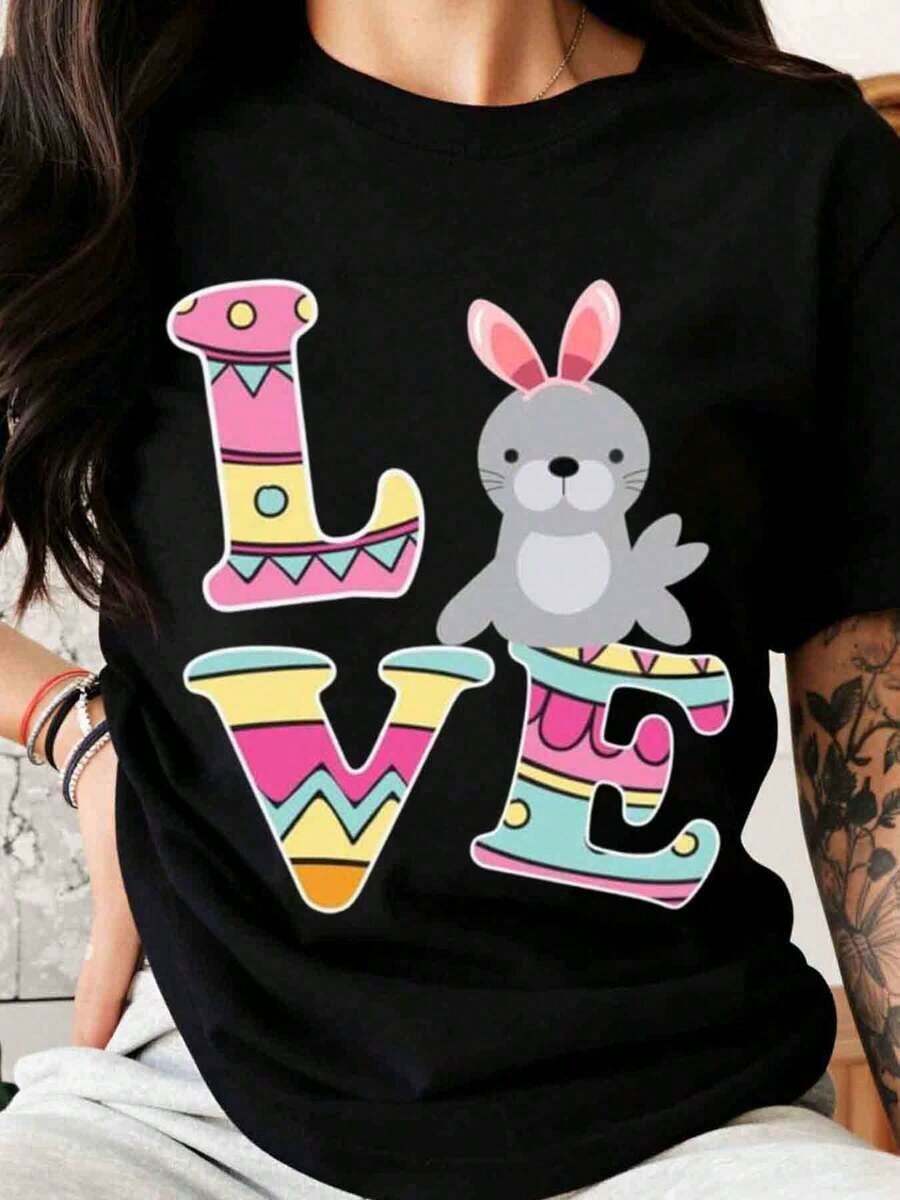 Women's Easter Bunny Print T-Shirt, Colorful And Modern Design, Casual Spring Style - Black - View 1