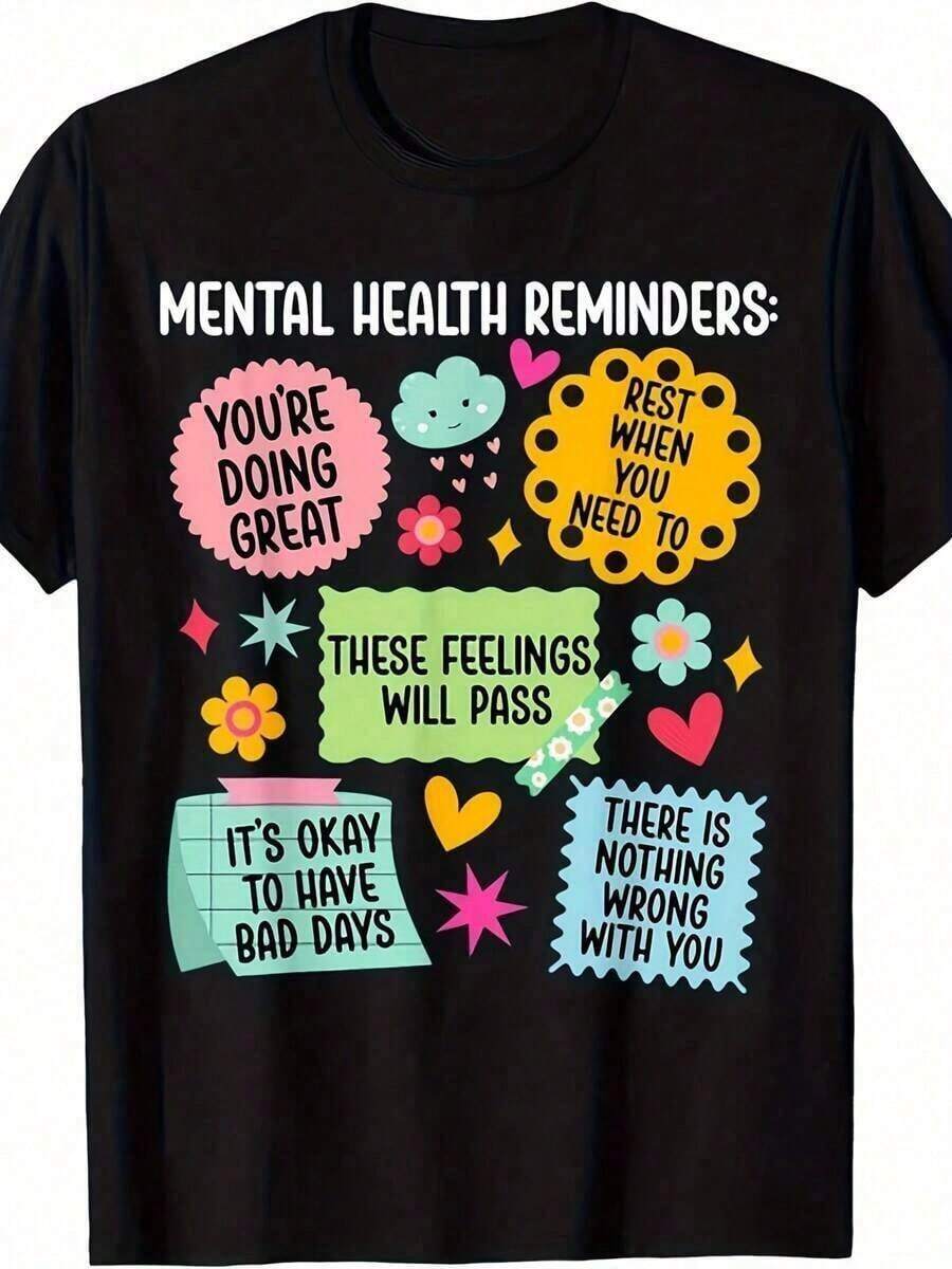 Camisetas Gráficas Casuales para Mujer - Con Colores Bonitos, Recordatorios Mentales para el Mes de Concientización - 100% Algodón, Ropa de Verano para Mujer, Camiseta Casual de Manga Corta, Blusas de Moda para Mujer, Blusas de Verano, Adecuadas para primavera, verano y otoño. - Negro - Ver 1