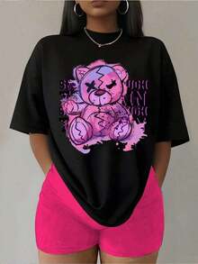 FASHIOGIRL Colorful Bear Graphic Print T-Shirt - Unique Fashion Design - For Spring And Summer - Sizes S-XL Available In Black -  Casual Wear - Popular With Teens - Black - View 6