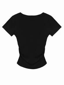 Women's Solid Color V-Neck Short Sleeve Fitted T-Shirt Casual Black Summer - Black - View 3
