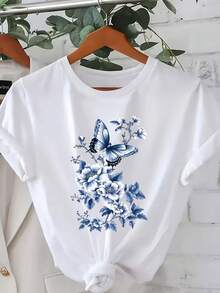 Floral Print T-Shirt With A Blue Flower And Butterfly Design,  Plus-Size Women's Clothing, Machine Washable. A Very Distinctive Printed T-Shirt / Unisex Style / Suitable For Both Men And Women / Wrinkle-Resistant / Breathable - 白色 - 查看 1