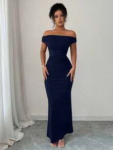 Women's Fitted Party Dress With Off-The-Shoulder Design And Elegant Metallic Details - Berwarna merah muda - View 7
