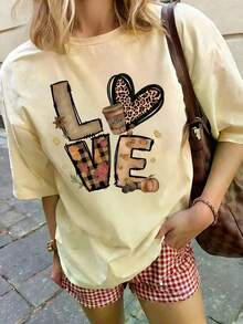 Camiseta de mujer estampada de manga corta para verano, tops de mujer, tela de poliéster, estilo multifuncional, corte regular, 1 unidad. - Albaricoque - Ver 2