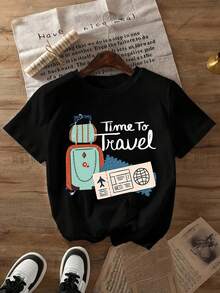 1 pieza [Orientación a la Naturaleza] Camiseta con estampado de letras 'TIME TO TRAVEL', nueva camiseta de cuello redondo para primavera/verano, ropa de mujer, 180g, 100% algodón. - Negro - Ver 12