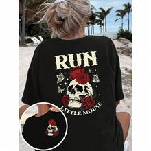 Camiseta de algodón de manga corta para mujer con estampado gráfico de calavera y rosa roja, estilo gótico, ropa de calle informal de verano para conciertos, festivales, vacaciones y uso diario. - Negro - Ver 1