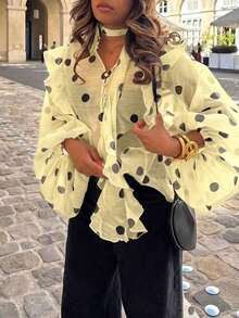 Blusa casual y sexy con estampado de corazón, contraste de color, botones delanteros y volantes/flecos en el bajo para uso en casa y vacaciones - Amarillo - Ver 3