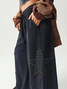Pantalones anchos de punto sueltos de unicolor lavados para mujer - Negro - Ver 5