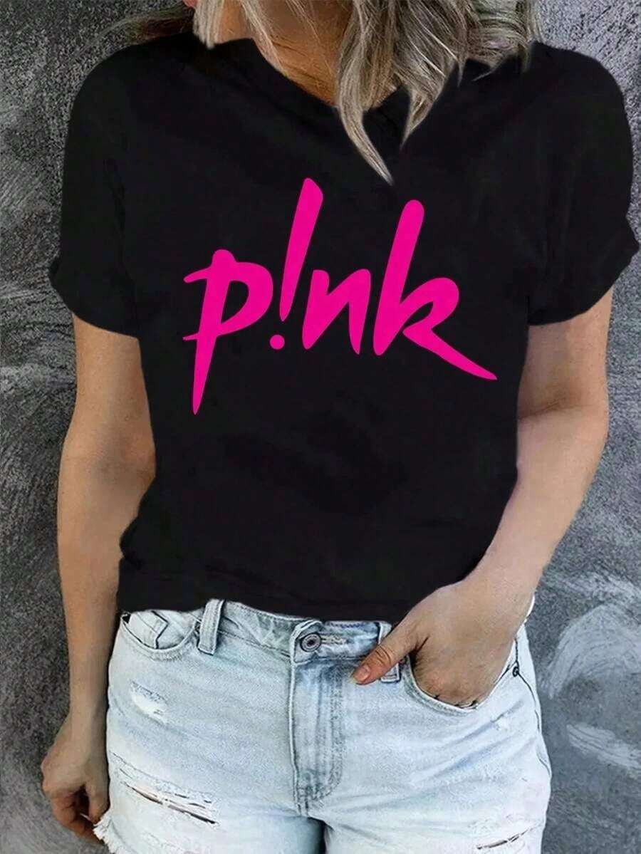 Camiseta rosa con estampado de letras creativas para mujer, camiseta informal de moda con cuello redondo y manga corta para verano - Negro - Ver 1