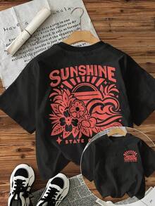 Women's Casual Loose Fit T-Shirt With Floral Print "Sunshine State Of Mind", Breathable And Comfortable, Short Sleeve, Round Neck, Coral Color Sun And Wave Print, Soft Cotton, Perfect For Daily Wear And Summer Beach Style. - 黑色 - 查看 6