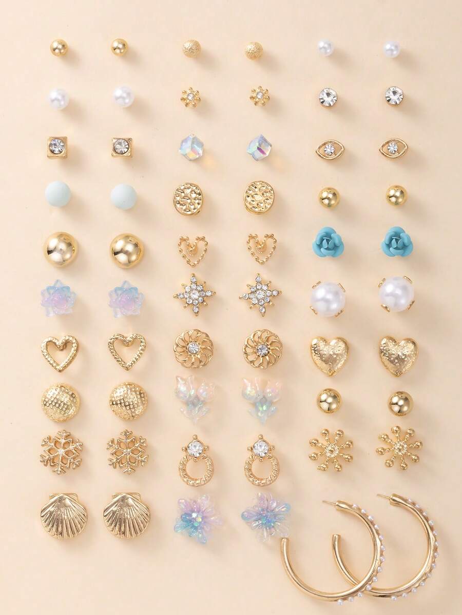 30 Pairs Assorted Earrings Set, Featuring Floral, Snowflake, Shell, Heart, Geometric Shapes, Suitable For Daily, Casual, Travel, Date Wear, Elegant Earring Jewelry Gift Set - Multicolor - View 1