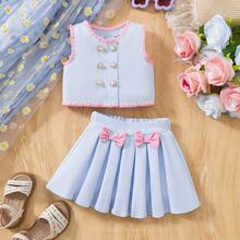 2pcs/Set Spring & Summer Soft Girl Style Light Blue Textured Pearl Decor Sleeveless Top And Bowknot Pleated Skirt - Multicolor - View 3