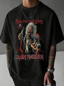 Camiseta con estampado gráfico "Run for Your Lives" para hombre, de algodón lavado vintage, corte clásico, tela de primera calidad, estampado duradero, ideal para ropa informal y para los amantes del rock, imprescindible (148) - Negro - Ver 6