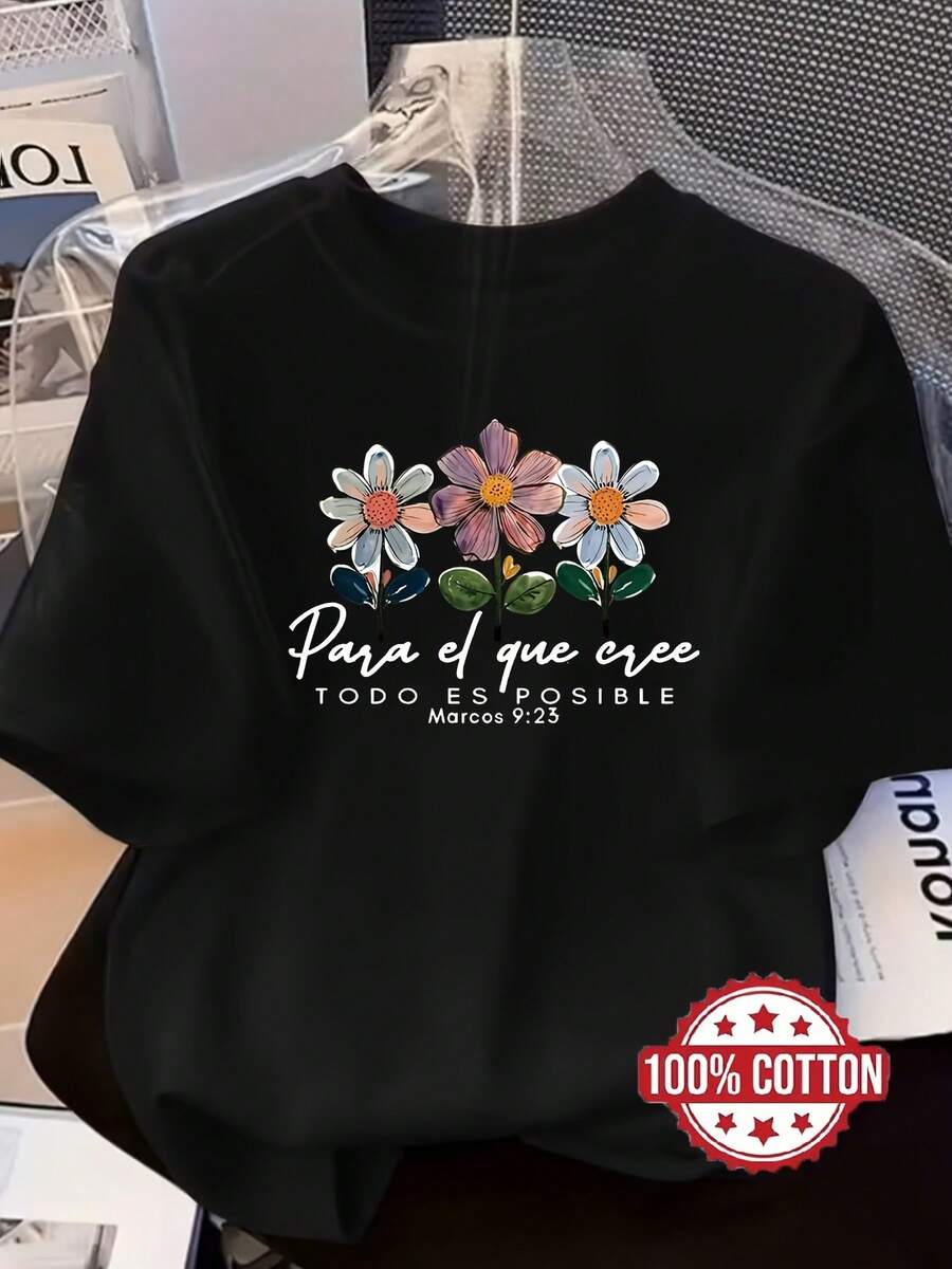 TH299 Camiseta de Mujer con Estampado Floral, 100% Cuello Redondo, Manga Corta, Corte Holgado con Hombros Caídos, Absorbe el Sudor y es Transpirable, Ropa Casual Cómoda para el Hogar, Adecuada como Capa Base para Otoño/Invierno o para Primavera/Verano, Transpirable y cómoda. - Negro - Ver 1