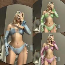 Nuevo traje de baño brillante de cuatro piezas con tirantes ajustables y mangas tipo bikini. - rosa - Ver 2