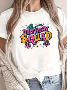 Camiseta holgada y versátil con estampado de fiesta de cumpleaños, camiseta casual de manga corta y cuello redondo para primavera y verano, nueva llegada para mujer. Camiseta casual de manga corta y cuello redondo para mujer, top de verano para mujer. Camiseta básica de algodón con cuello redondo para mujer. - Blanco - Ver 6