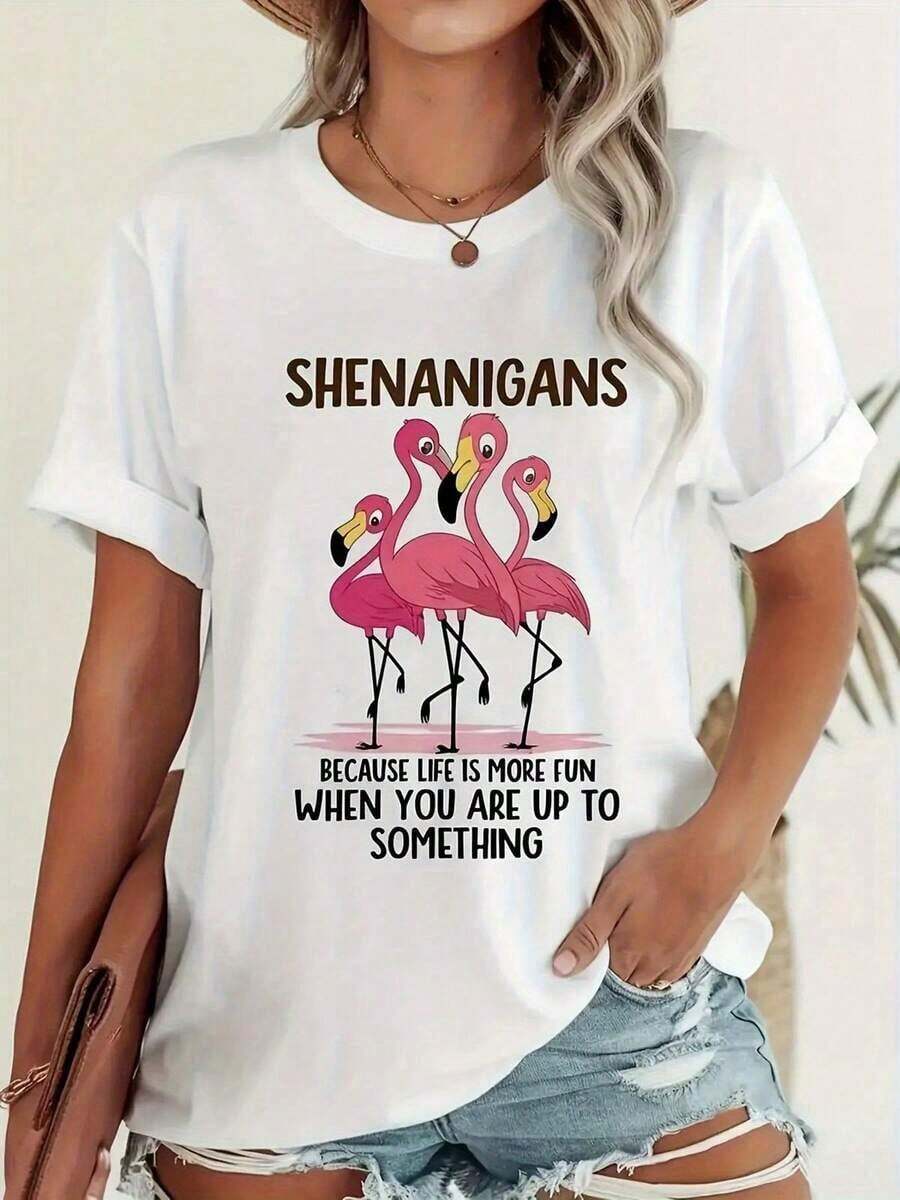 Camiseta de Mujer - Camiseta de Mujer Talla Grande con Estampado de Flamencos - Camiseta Divertida con Diseño de "Broma", Diseño de Flamencos Rosados, Cuello Redondo Casual, Tela Ligera, Adecuada para Primavera y Verano. Camiseta Casual de Mujer Talla Estándar, Transpirable, Ligera, de Manga Corta. - Blanco - Ver 1