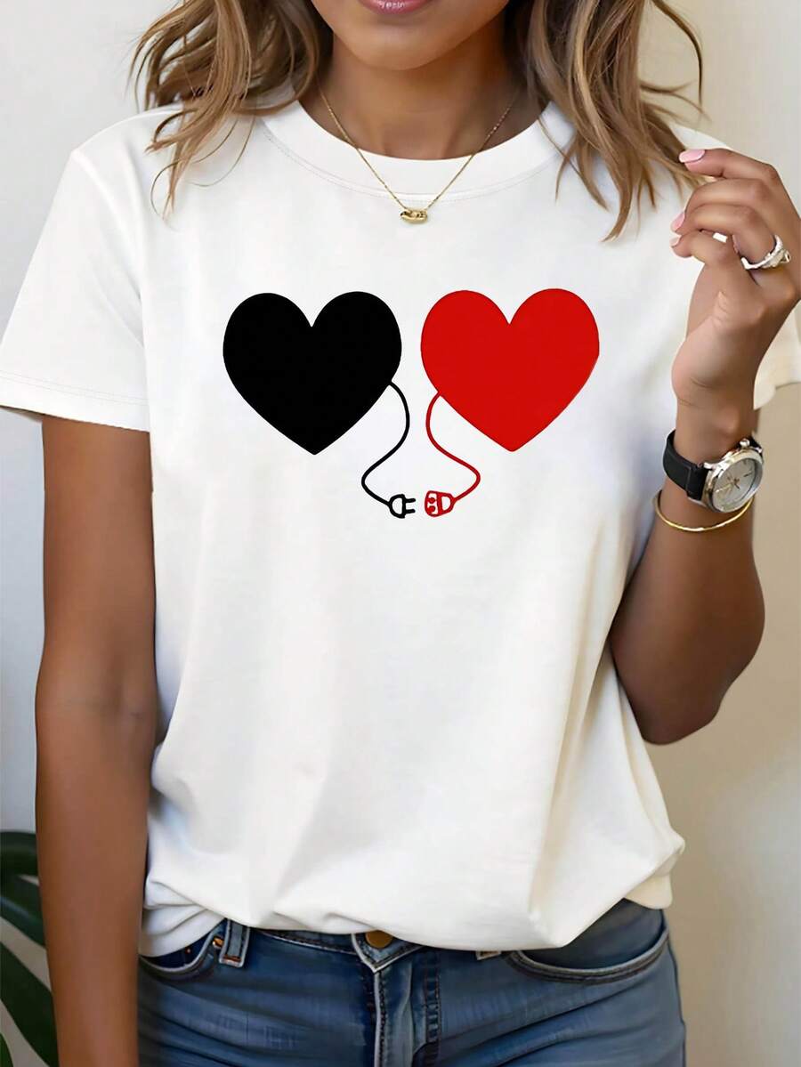 Talla Grande - Talla Grande - Estilo Pareja Romántica: Trabajadores de la Salud, La Resonancia de Dos Latidos, un Símbolo de Amor que Conecta Estetoscopios, Camiseta de Moda Casual Redonda Estampada para Mujer de Talla Grande para Primavera y Verano - Negro - Ver 1