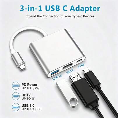 Estación de acoplamiento 3 en 1 USB-C a HDTV (4K@30Hz), adaptador multipuerto digital AV USB-C, compatible con carga rápida PD de 100W, USB 3.0 y HDTV 4K, compatible con computadoras, televisores y proyectores.