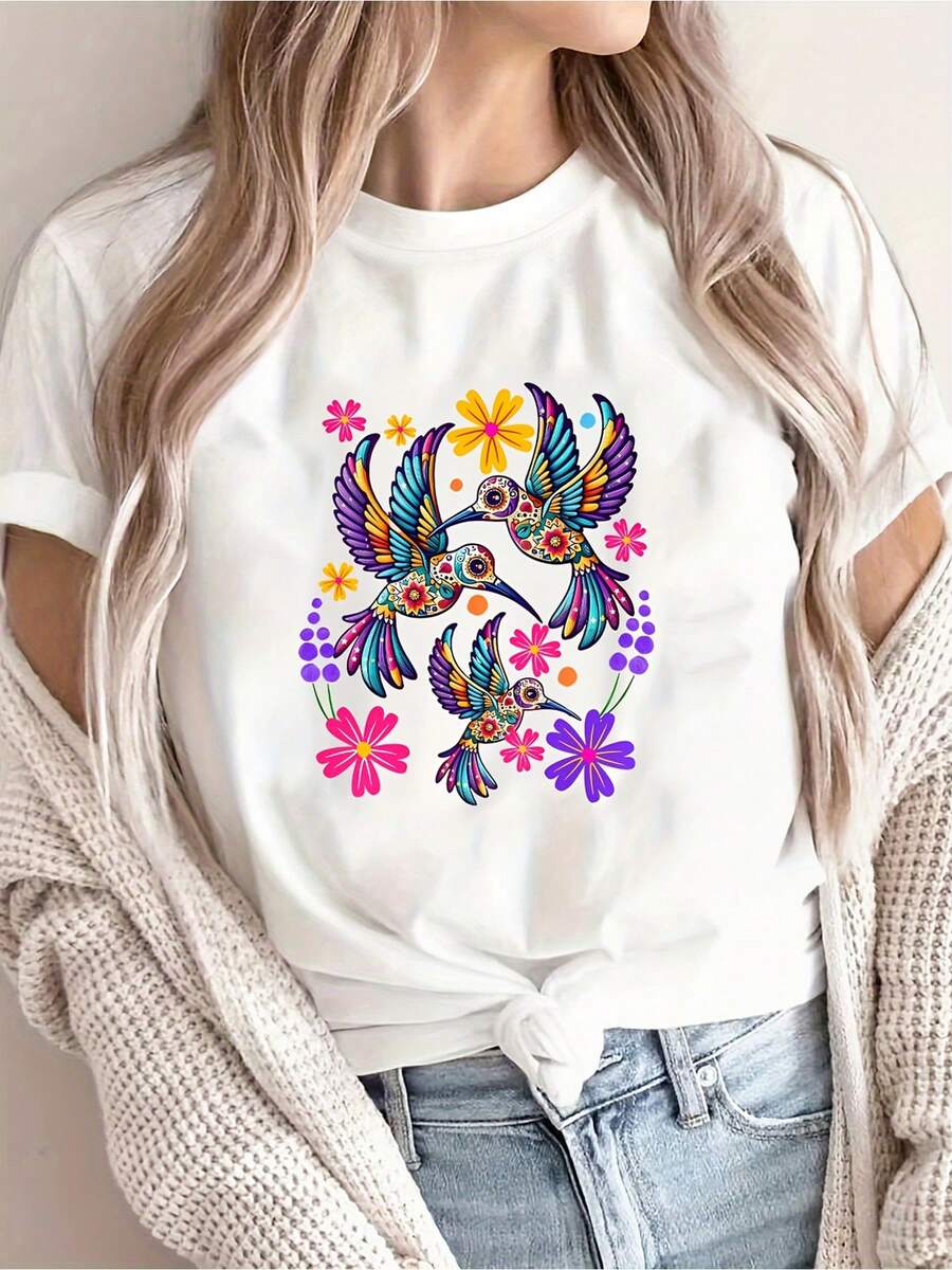 Camiseta de algodón puro para mujer, de verano, con cuello redondo y manga corta, estilo mexicano, estilo bohemio, estampado floral de tres pájaros de arte popular, estilo retro a la moda, ropa casual deportiva y de fitness para mujer para primavera, verano, otoño e invierno. - Blanco - Ver 1