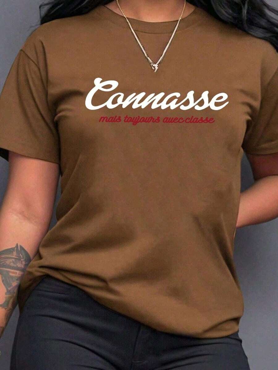 Camiseta informal holgada de cuello redondo y manga corta para mujer con estampado de letras. - Marrón - Ver 1