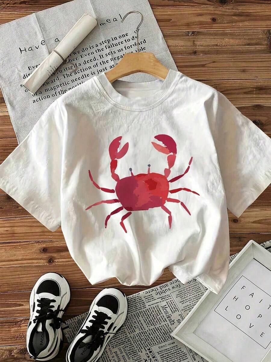 2026 Spring/Summer Plus Size Minimalist Casual T-Shirt For Women, Short Sleeve Crew Neck Solid Color Crab Print, Suitable For Spring, Summer, Autumn, Casual Outdoor Wear WhitePure-Cotton - 白色 - 查看 1